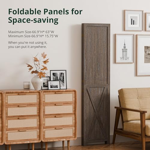 4 Panel Folding Room Divider, Solid Wood Privacy Screen, Freestanding Partition Wall, Temporary Wall for Home/Office/Bedroom/Restaurant, Rustic Brown - color: Rustic Brown