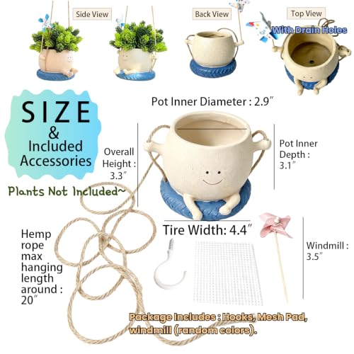 Smiley Face Hanging Planter with Spinning Windmill, 4 Inch Resin Flower Pots with Drainage Hole & Mesh Pad, Cute Succulent Planter for Small Plants, Gardening Gift, Indoor Outdoor Garden Decor