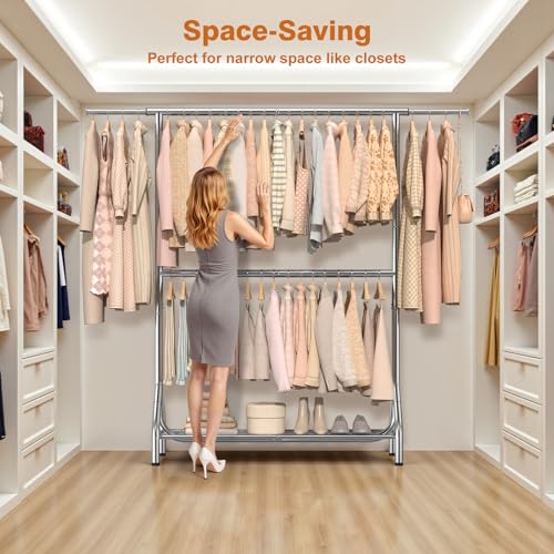 Double Rod Clothing Rack Load 622 LBS, Heavy Duty Clothes Rack for Hanging Clothes, 82.68 inch High Garment Rack with Sotrage Shelves, Metal Clothing Hanger Closet Wardrobe Organizer (Silver) - color: Silver