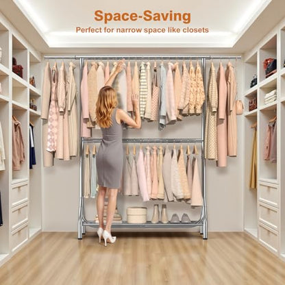 Double Rod Clothing Rack Load 622 LBS, Heavy Duty Clothes Rack for Hanging Clothes, 82.68 inch High Garment Rack with Sotrage Shelves, Metal Clothing Hanger Closet Wardrobe Organizer (Silver) - color: Silver