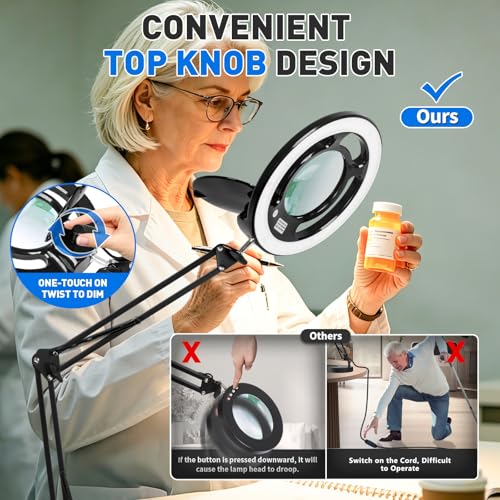 KIRKAS Magnifying Glass with Light, 2,200 Lumens Magnifying Lamp 12X | with Clamp, Stepless Dimmable Real Glass Lens Magnifier, Adjustable Arm Workbench Light for Close Work Hobby Repair - Black - color: Black