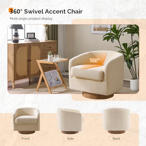 VINGLI 360°Swivel Accent Chairs Set of 2 with Engineered Wood Base and Removable Cushion for Living Room, Bedroom, Curved Back Barrel Chairs for Small Space, Upholstered Bucket Armchairs, Teddy Khaki - color: Teddy-khaki