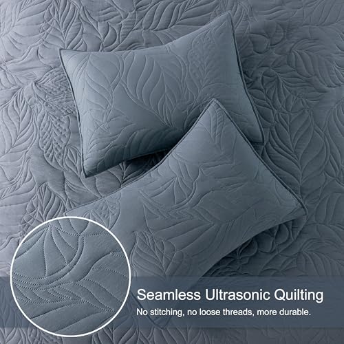 R.SHARE Dusty Blue Queen Size Quilt Set, Soft Lightweight Bedspread, Farmhouse Rustic Country Coverlet, Leaf Pattern Bedding with 2 Shams, 3 Pieces Spring Summer Thin Comforter - color: Dusty Blue, size: Queen (90"x90")