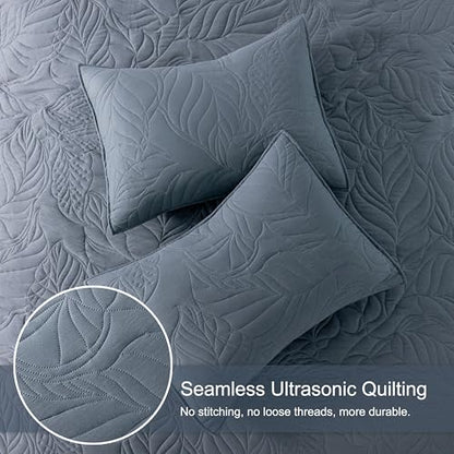 R.SHARE Dusty Blue Queen Size Quilt Set, Soft Lightweight Bedspread, Farmhouse Rustic Country Coverlet, Leaf Pattern Bedding with 2 Shams, 3 Pieces Spring Summer Thin Comforter - color: Dusty Blue, size: Queen (90"x90")