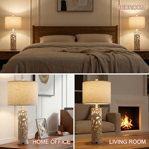 2-in-1 Light Table Lamp Set of 2 for Living Room, 28.5" Farmhouse Bedside Lamps with USB Charging Port, Main&Night Light & Dual Switches, Nightstand Lamp for Bedroom Home Office(Bulb Included) - color: Retro Grey
