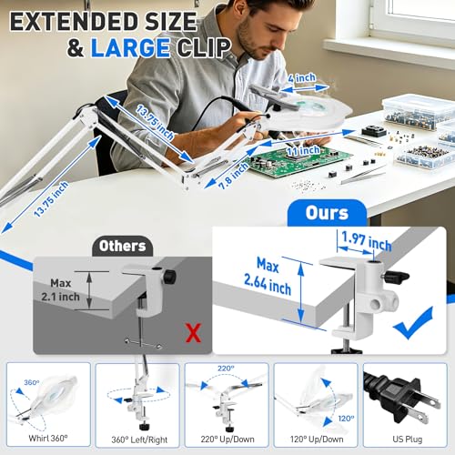 KIRKAS LED Magnifying Lamp with Clamp, 2,200 Lumens Dimmable 35in 12X 30X | Magnifying Glass with Light for Repair Reading Craft Needlework Workbench Magnifier Dust Cover Adjust Swivel Arm - color: White 35in Magni-attach