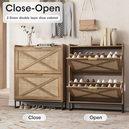 Maupvit Shoe Storage Cabinet with 2 Rattan Flip Drawers, Freestanding Organizer with Metal Legs for Entryway, Narrow Shoe Rack Cabinet, Hidden Golden Handles, Rustic Oak Rattan - color: Rustic Oak Rattan, style: 2-Drawers