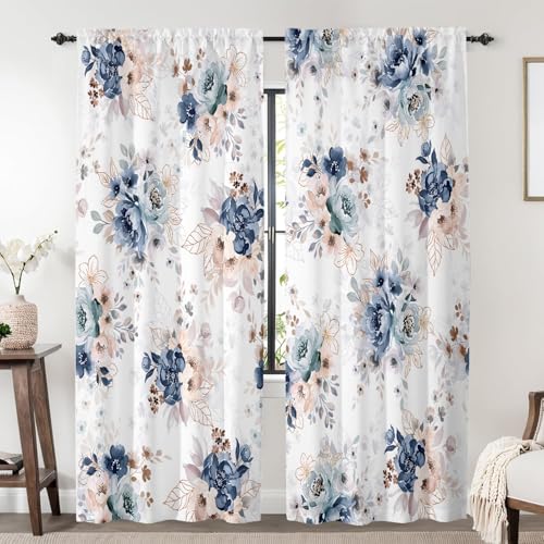 Floral Curtains 84 Inches Long for Living Room 2 Panels,Blue Flower Vintage Farmhouse Curtains Semi Sheer Light Filtering Pink Curtain for Bedroom,Rod Pocket Drapes Boho Curtain Room Decor - color: Blue Floral, size: 52"W x 84"L (Pack of 2)