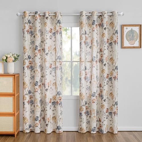 MYSKY HOME Living Room Linen Curtains 90 inch Floral Pattern Light Filtering Privacy Protect Drapes for Window Decoration Rustic Vintage Style for Family Room, 52" Wide, Yellow, 2 Pcs - color: A-yellow, size: 52"W x 90"L (Pack of 2)
