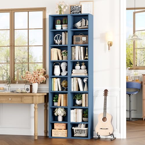 FOTOSOK 2 Pcs 71'' Tall Narrow Bookshelf, 8-Tier Media Tower Rack Set of 2 | CD DVD Storage Cabinet with Adjustable Shelves, Tall Narrow Bookcase Skinny Display Bookshelf Slim Shelf, Blue - color: Blue