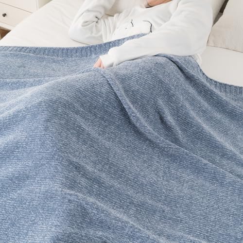 BATTILO HOME Blue Grey Chenille Throw Blanket for Couch, 51"x67" | Shiny Chenille Blanket, Blue Knit throw Blanket, Soft & Breathable, Summer Throw for Couch, Bed & Sofa - color: Bluish Grey