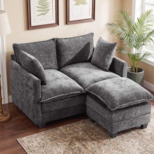 50" Loveseat Sofa with Ottoman, Cloud 2-Layer Cushion & 27" Deep Seat, Modern Love Seat Small Couch with 2 Washable Pillows for Small Spaces, Bedroom, Apartment, Office, Living Room, in a Box, Grey - color: Grey, size: Loveseat with Ottoman