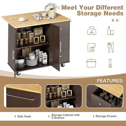 Shintenchi Kitchen Island with Folding Drop Leaf, Rolling Island Table with Storage, Kitchen Cabinet on Wheels with Seating Area for Kitchen, Bar Cart with Cabinet, Brown - color: Brown