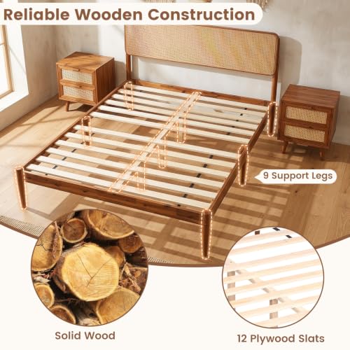 Giantex Wooden Bed Frame Full Size, Rattan Headboard Platform Bed (Full) | Wooden Slat Support, Acacia Wood Mattress Foundation No Box Spring Needed - size: Full