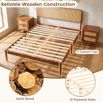 Giantex Wooden Bed Frame Full Size, Rattan Headboard Platform Bed (Full) | Wooden Slat Support, Acacia Wood Mattress Foundation No Box Spring Needed - size: Full