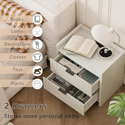 Nightstand with 2 Storage Drawers & Charging Station, Wooden Top Bedside Table for Bedroom,Suitable for Beside The Bed in The Bedroom, White (1pcs)