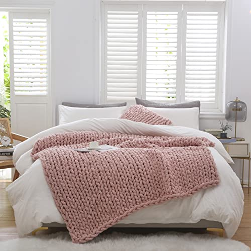 WESHIONGOO Chunky Knit Blanket Throw for Couch Bed 51"×63" Pink | 100% Handmade Knitted Throw blankets Fluffy Soft Blanket With Jumbo Chenille Yarn Thick - color: Pink, size: 51"x63"(Large Size Throw)