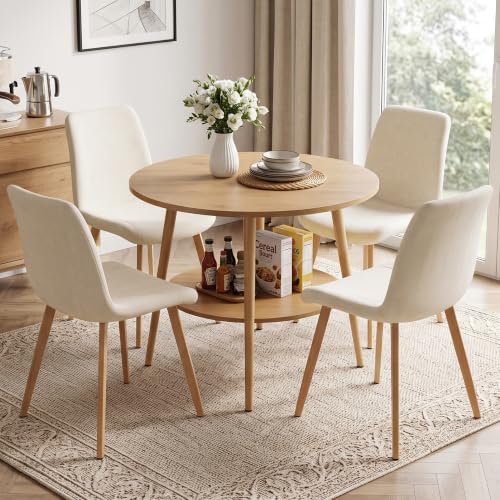HIPIHOM 5-Piece Round Dining Table Set for 4 Oak Small Space Steel Legs | Natural Wood Tone, Double-tier Round Design Offers Storage, Stain and Spill Resistant MDF Top, Cross Braced Anti Wobble Legs - color: Oak Table+4 White Chairs