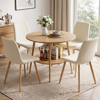 HIPIHOM 5-Piece Round Dining Table Set for 4 Oak Small Space Steel Legs | Natural Wood Tone, Double-tier Round Design Offers Storage, Stain and Spill Resistant MDF Top, Cross Braced Anti Wobble Legs - color: Oak Table+4 White Chairs