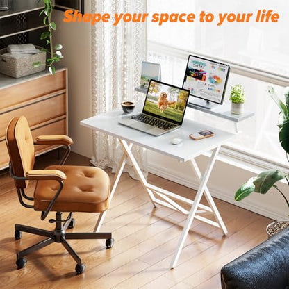 WOHOMO Folding Computer Desk with Monitor Stand, Adjustable Height, White | Foldable Table Small Office Desk for Bedroom, Space Saving Desk for Home Office, Easy Assembly - color: White