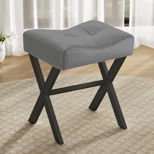 18-Inch Leather Vanity Stool Chair, Gray Makeup Stool | Vanity Bench, Metal X-Leg, 300 LBS, 16.3"x12.4"x18", Ottoman Accent Stool, Thick Padded Saddle Seat, For Living Room Bedroom - size: Small, style: Gray Leather