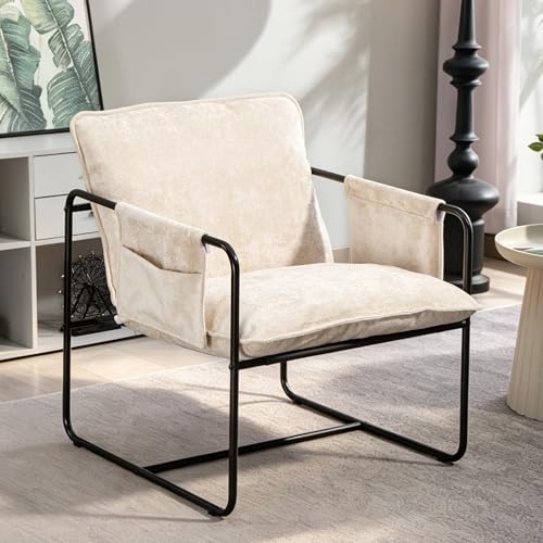 Modern Accent Chair Comfortable Living Room Chairs with Armrests, Lounge Chair with Metal Frame Chenille Upholstered Bedroom Reading Chair - color: Beige