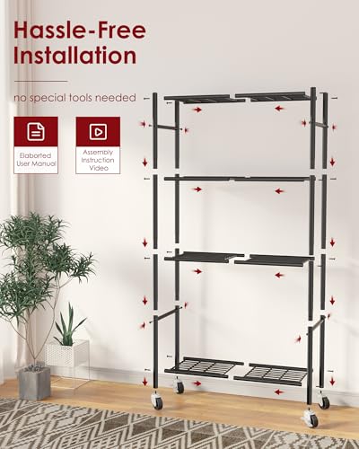 Sakugi 4-Tier Storage Shelves 33.1" x12.6" x58.9" Black with Wheels | Kitchen, Closet, Pantry, Garage, Heavy Duty, Adjustable Feet, Metal Construction - color: Black, size: 33.1W x 12.6D x 58.9H(4T)
