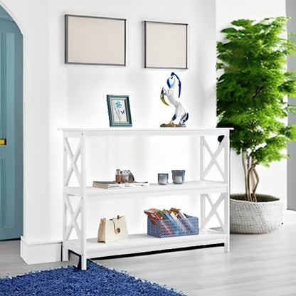 Yaheetech 42"L White Console Table 3-Tier Narrow X-Frame Open Storage Shelf | Sofa Table for Entryway, Hallway and Living Room, Slim 14" Depth, Powder-Coated MDF, 88 lb Top Load, Easy Assembly - color: White