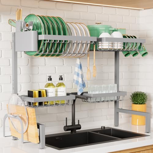 Kitsure Adjustable Over The Sink Dish Drying Rack, 26.8" -33.9"x21.5" | Sink Drying Rack for Kitchen Sink, Dish Rack Over Sink with Cutlery & Utensil Holders, Kitchen Storage, Grey - color: Gray, size: Large