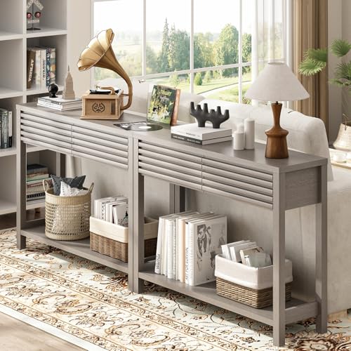 Ludatido Fluted Console Table for Entryway, 40'' Modern Small Entryway Table with Drawers, Storage Shelf, Narrow Wood Sofa Table for Living Room/Bedroom/Hallway Use (Oak Gray)
