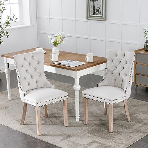 Beige-White Dining Chairs Set of 4, Tufted Kitchen & Dining Room Chairs | Four Fabric Tufted Dinning Chairs, Linen Upholstered, Wing Back, Metal Pull Ring, Wood Frame, Mid Century Modern - color: A-2 Beige Linen, Wood Legs, size: 4