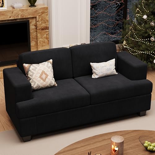 YOUDENOVA 63” Corduroy Loveseat Sofa Couch for Living Room, Small Couch with Deep Seat for Bedroom, Comfy Could Loveseat for Small Living Room, Black Corduroy - color: Black Corduroy, size: 63" Loveseat