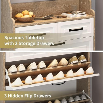 Resenko's Slim Shoe Storage Cabinet with 8 Hooks, Hidden Rack & 5 Drawers for Entryway, Hallway - color: White & Oak