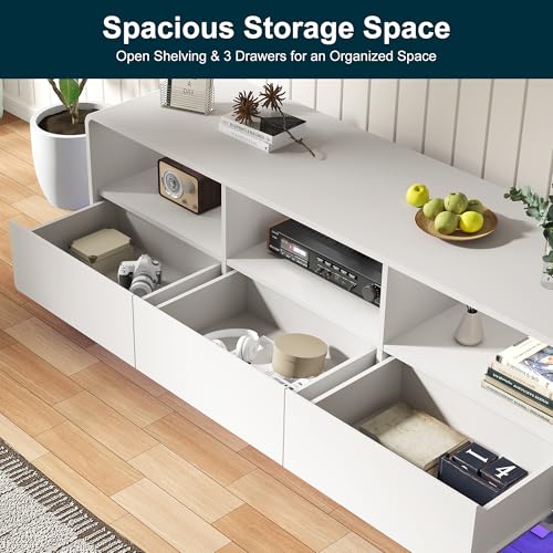 RoyalCraft TV Stand for TVs Up to 65", Modern White Entertainment Center with 3 Storage Drawers and LED Lights, Curved Wood Media TV Console for Living Room, Bedroom - color: White