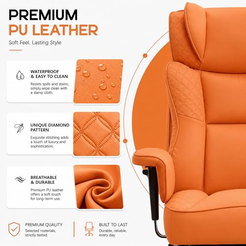 Office Desk Chair, High-Back Big and Tall Leather Chair with Footrest | Ergonomic Reclining Computer Chairs, Comfy Executive Wide Chair with Lumbar Support, Adjustable Armrests, 400LBS (Orange) - color: Orange