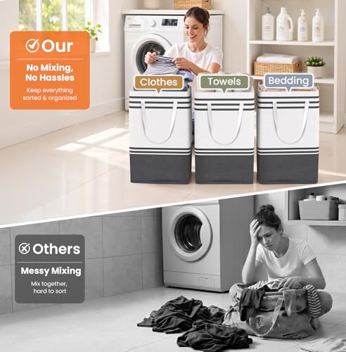 TranquilRelax 3-Pack Laundry Basket, Laundry Hamper, Grey-75L | Freestanding＆Water-Resistant Laundry Hamper, Collapsible Tall Clothes Hamper with Carry Handles for Clothes, Laundry Basket - color: Grey, size: 75L