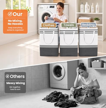 TranquilRelax 3-Pack Laundry Basket, Laundry Hamper, Grey-75L | Freestanding＆Water-Resistant Laundry Hamper, Collapsible Tall Clothes Hamper with Carry Handles for Clothes, Laundry Basket - color: Grey, size: 75L