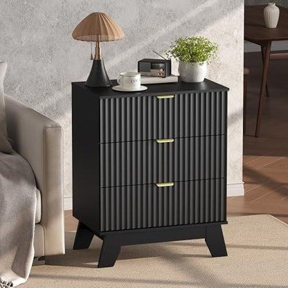 Black Night Stand with 3 Drawers, Bedside Table & End Table, 24" Wide Mid Century Modern Fluted Wood Nightstand with Metal Handles, Farmhouse Night Stands for Bedroom - color: Black, style: 3 Drawers