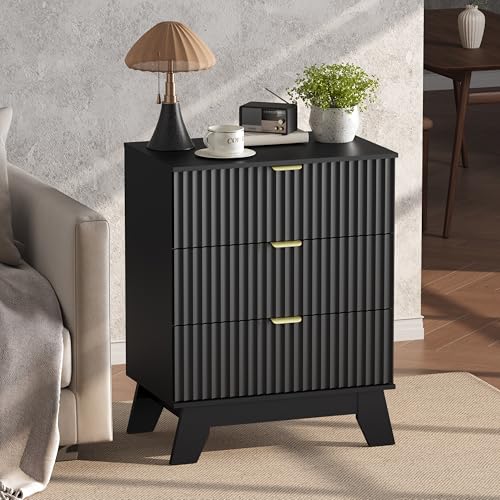 Night Stand Set 2, Bedside Table & End Table, Mid Century Modern Fluted Wood Nightstand with 3 Drawers & Metal Handles, Farmhouse Nightstand for Bedroom, Black - color: Black, style: 3 Drawers-2 PCS