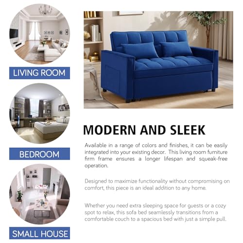3 In 1 Velvet Convertible Sofa Bed, Pull Out Couch Bed with Reclining Backrest And 2 Pillows, 54" Full Size Loveseat Sleeper Sofa Futon Couch Beds, Couches For Small Spaces, Living Room (Dark Blue) - color: Dark Blue