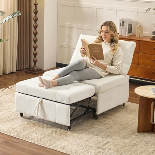 VINGLI Convertible Sofa Bed Tufted Teddy Fleece Sleeper Chair Bed Couch Armless Living Room Chairs with Adjustable Backrest Pull Out Couch Bed for Small Spaces - color: White