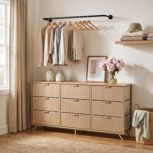 DUMOS Fabric Fluted Dresser, Modern Chest of 9 Fabric Drawers for Bedroom, Large Dressers with Metal Frame & Wooden Top, Storage Organizer Closet for Living Room, Entryway, Natural Oak