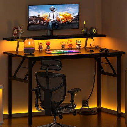 DlandHome 39" Computer Desk with Power Outlets & LED Lights, Black, Bedroom | Folding Desk with Monitor Stand, Writing Study Table Gaming Desk, Metal Frame, Fully Assembled, Home Office Small Spaces - color: Black + Black, size: 39 Inches + Outlets