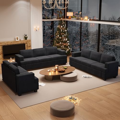 YOUDENOVA 3 Pieces Corduroy Couch Set for Living Room, 8 Seats Cloud Sofa, Deep Seat Floor Couch for Bedroom, Futon Modern Sofa Sectional Bed, Black Corduroy - color: Black Corduroy, size: 3-Seater*2+Loveseat