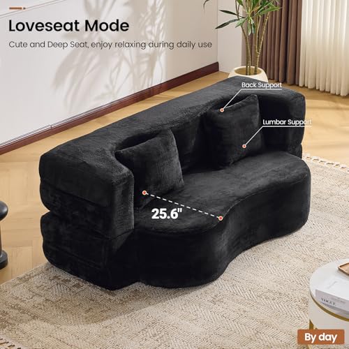 78” Convertible Sofa Bed, Single Size Sleeper Couch, Black | Boneless Folding Loveseat, Deep Seat, Soft Chenille, 4 Pillows, No Assembly, for Guest Living Room Bedroom - color: Black, size: 71"