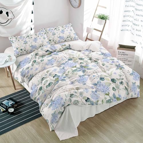 Duvet Cover Set Full, Blue Hydrangea Flower Leaves on White 3 Piece Bedding Set Breathable Quilt Cover Set, Farmhouse Floral Soft Microfiber Bed Set with Pillow Shams - size: Full