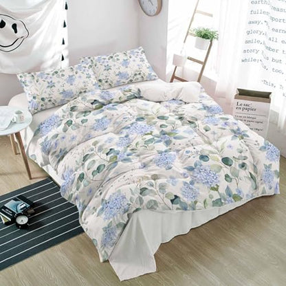 Duvet Cover Set Full, Blue Hydrangea Flower Leaves on White 3 Piece Bedding Set Breathable Quilt Cover Set, Farmhouse Floral Soft Microfiber Bed Set with Pillow Shams - size: Full