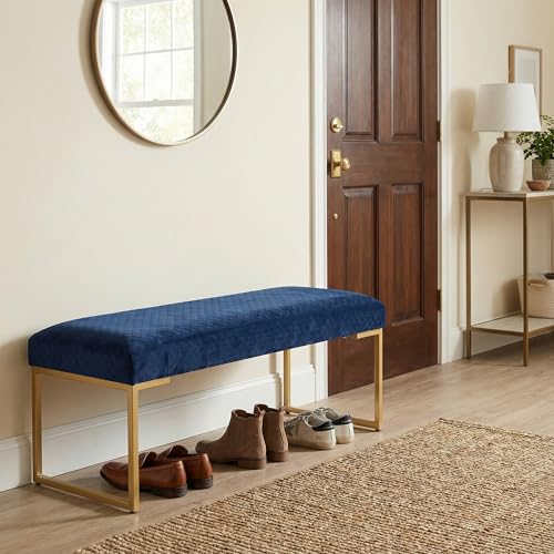 Cortesi Home Claymore Large Ottoman Bench with Painted Gold Legs, Blue Velvet, 48"