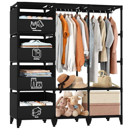 Portable Closet, Easy Assembly, Large Capacity Wardrobe Closet | Sturdy and Stable Clothes Rack with Shelves 4 Storage Baskets and 2 Hanging Rods, for Bedroom and Cloakroom 50 In Black - color: Black