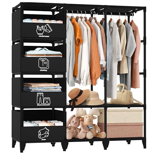 Portable Closet, Easy Assembly, Large Capacity Wardrobe Closet | Sturdy and Stable Clothes Rack with Shelves 4 Storage Baskets and 2 Hanging Rods, for Bedroom and Cloakroom 50 In Black - color: Black